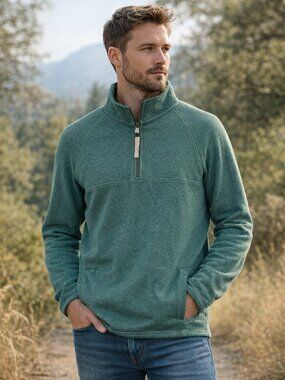 Pact Mens Organic Cotton Quarter Zip Pullover Sweatshirt Green‎ Heather Size M
